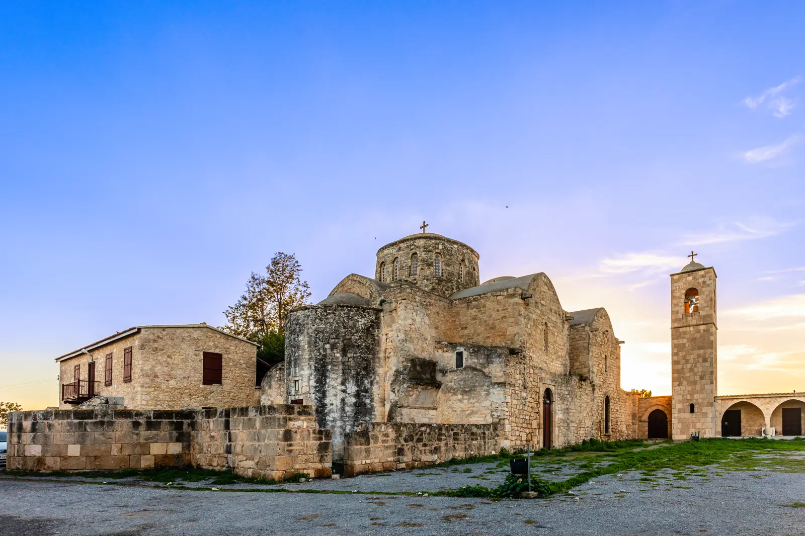 St Barnabas Monastery and its bell tower at sunset near Famagusta