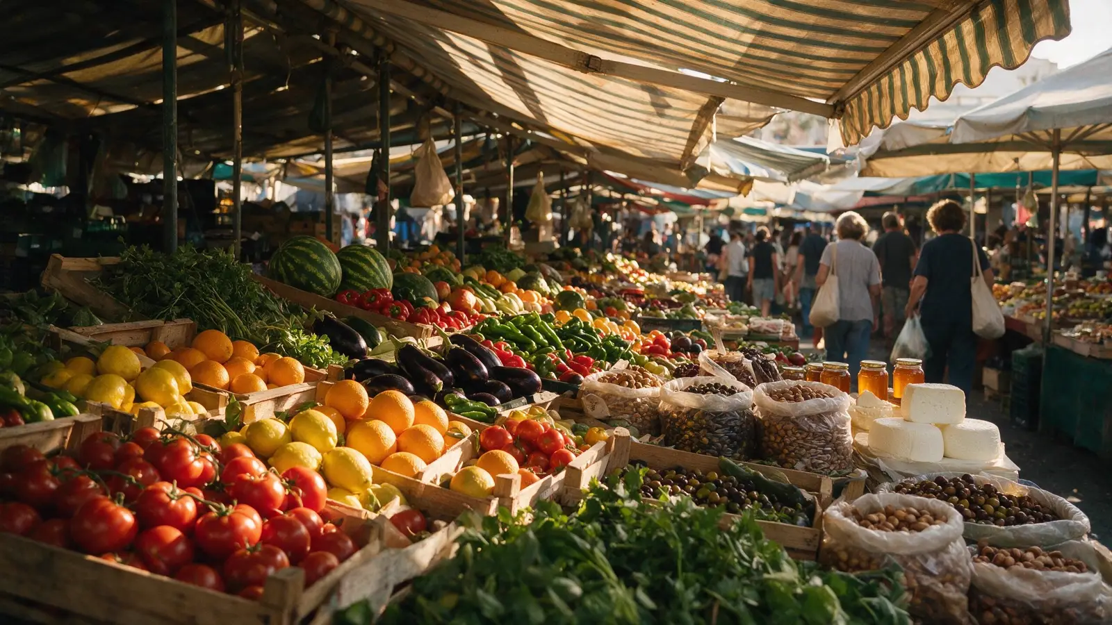 Açık pazarda tenteler altında narenciye ve sebze kasaları