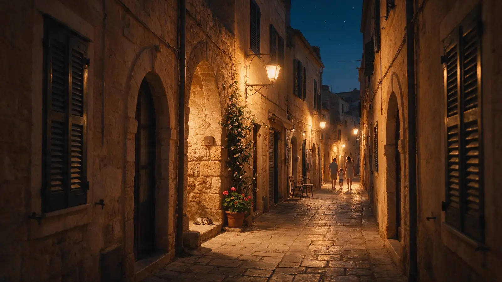 A warm lamp lit old town street in the evening
